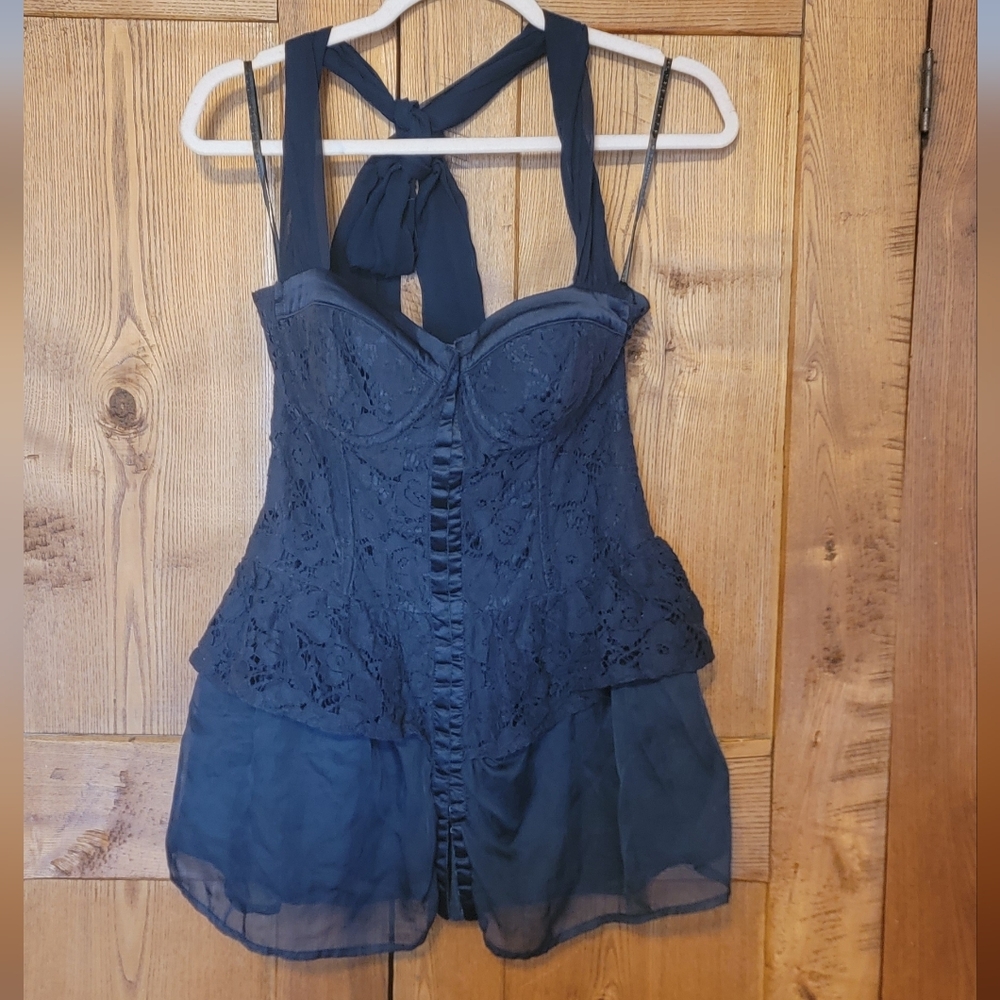 Y2K Navy Lace Halter Babydoll Bustier Top